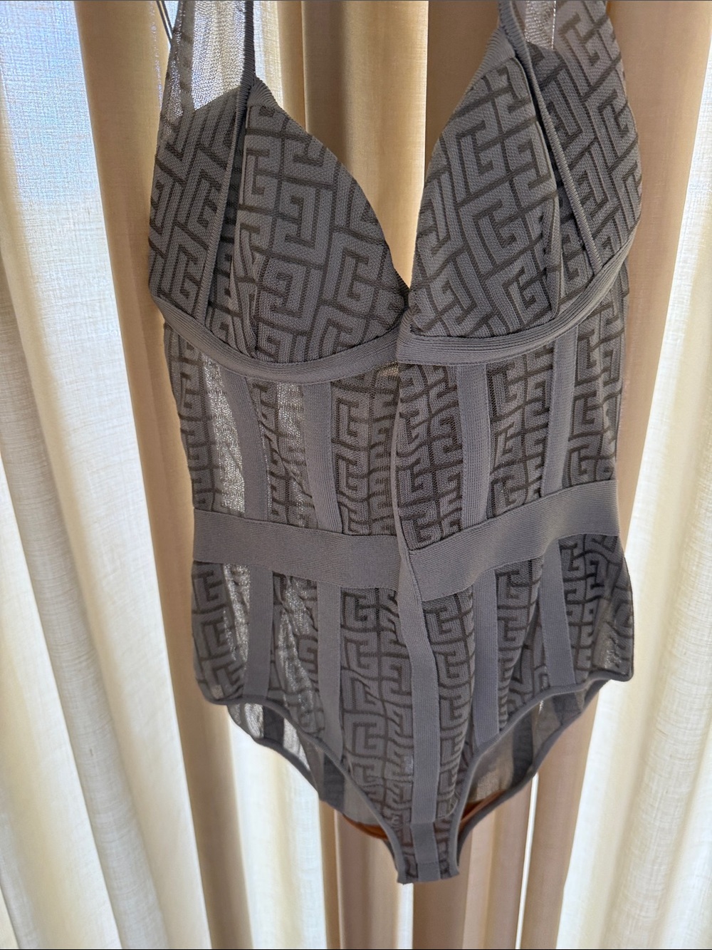 Balmain Silver Gray Jacquard Sheer Bodysuit 38
